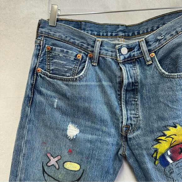 Levi's 501 custom hand‎ painted cartoon graffiti high waist jeans size 32x30 - Picture 10 of 16